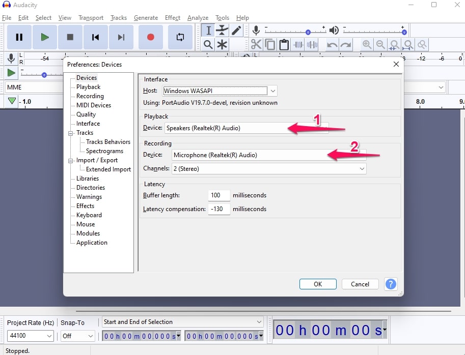 Audacity Select your output and input devices