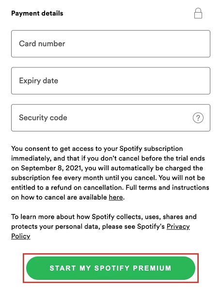 payment field options on Spotify option