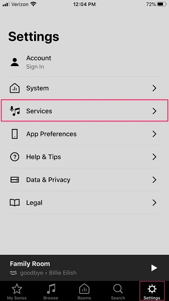 Settings menu options in the Sonos app to connect Sonos to Spotify