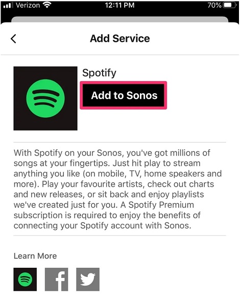 Spotify option in the Sonos app to connect Sonos to Spotify