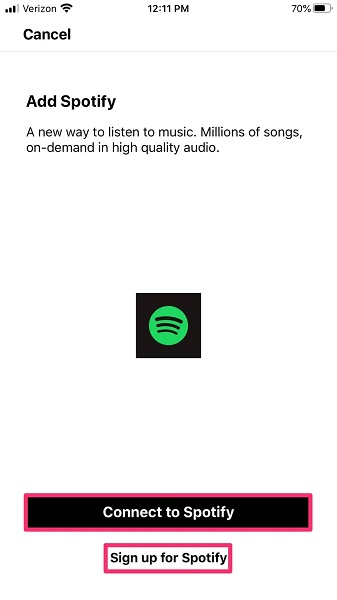 Connect to Spotify option in the Sonos app