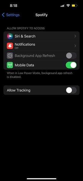 Allow Spotify mobile data on iPhone