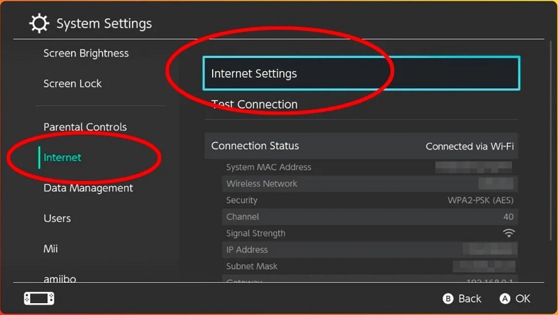 Internet settings icon on Nintendo Switch