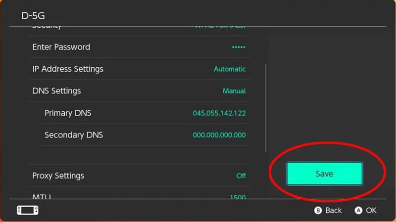 Save the changed DNS settings options on Nintendo Switch