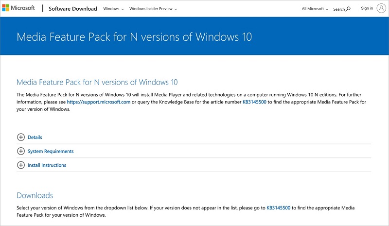 Install the Media Feature Pack for N Versions of Windows 10